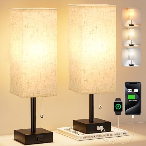 Fenmzee Bedside Lamps for Bedroom Set of 2 - Small Rectangular Nightstand Lamp with USB A C Charging Port, 3 Color Temperatures Desk Light with Bulb, Tabletop Reading Lamp for Living Room/Dorm/Office