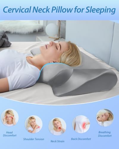 HOMCA Memory Foam Cervical Pillow, 2 in 1 Ergonomic Contour Orthopedic Pillow for Neck Pain, Contoured Support Pillows for Side Back Stomach Sleepers with Satin Pillowcase (Satin Gray)