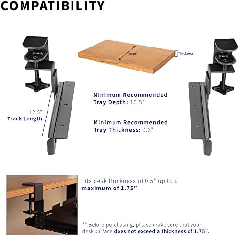 VIVO Height Adjustable Clamp and 12 inch Rail Set for DIY Custom Wooden Keyboard Trays (Tray Not Included), Under Desk Pull Out Slider Track with C-clamp Mount System, Black, MOUNT-RAIL02H