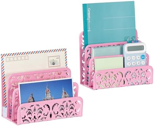 EasyPAG Mail Organizer Countertop 2pc Desk Mail Sorter for Envelope 3-Slot Vertical Letter Holder for Office, Home, School, Pink