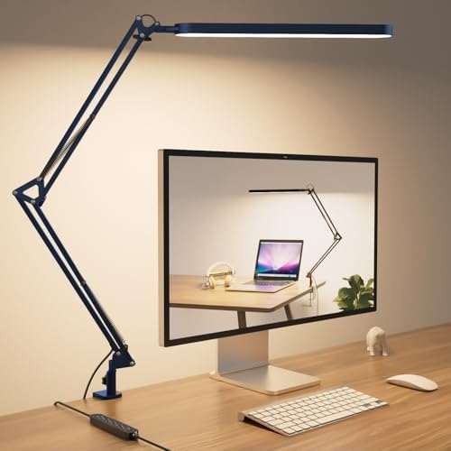 SKYLEO Desk Lamp - LED Desk Light - 5 Color Modes X 11 Brightness Levels - Adjustable Swing Arm - Timmer & Memory Function - 12W Lamp for Desk - Blue