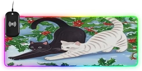 15W Wireless Charging Mouse Pad for Desk Cat Stretching RGB Gaming Mouse Pad Mat with 14 Light Modes & Non-Slip Rubber Base Smooth Surface for Gaming PC Laptop