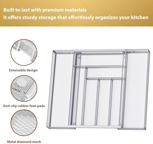 Sedegn Silverware Organizer Metal Mesh, Large Drawer Organizer, Utensil Cutlery Tray for kitchen drawers, Expandable Flatware Organizer with 8 Compartment Silver 11.6"~20" x 17.3"