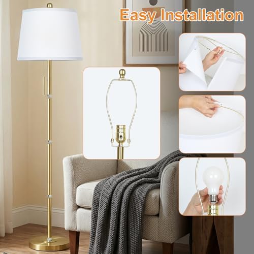 Gold Floor Lamps for Living Room, 63in Modern Standing Lamp 3 Way Brightness Dimmable with White Linen Shade Metal Base Tall Pole Light for Bedroom Reading Office Corner Nursery 8W LED Bulb Included