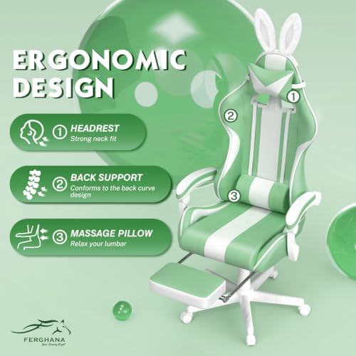 Ferghana Kawaii Grass Green Gaming Chair with Bunny Ears, Ergonomic Cute Gamer Chair with Footrest and Massage, Racing Reclining Leather Computer Game Chair 250lbs for Girls Adults Teens Kids
