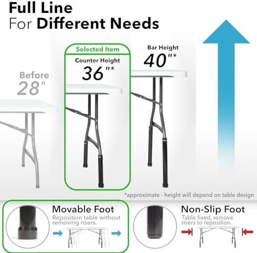 Lift Your Table® Folding Table Risers - Counter, Bar, or XL Height Extenders - Made in the USA, Heavy Duty Extensions Raise Bent Leg Folding Tables (Set of 4) (10 Sets - Counter Height (Movable Foot))