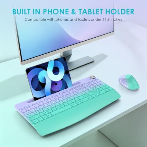 Full-Size Ergonomic Keyboard and Mouse, 2.4GHz Wireless Keyboard and Vertical Mouse with Tablet Phone Holder, Wrist Rest for Computer Mac PC Laptop Chromebook, Greenpurple