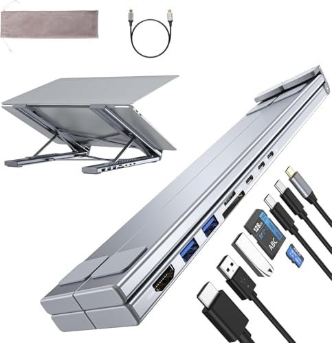 Laptop Stand with Docking Station, 8 in 1 USB C Hub HDMI Portable Laptop Stand for Desk with USB Ports, Multiport USBC Dock Stands Foldable Adjustable Computer Riser Holder Dongle for MacBook