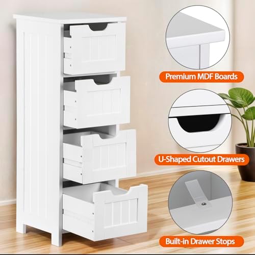 Bathroom Floor Storage Cabinet, Freestanding Wooden Side Organizer w/4 Drawers & Anti-Tip Kit for Bathroom Living Room Hallway Office Study, White