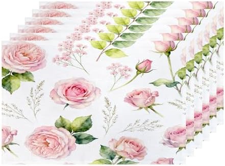 Shrahala Flower Vintage Placemats, Art Vintage Victorian Rose Watercolor Table Mat Linen Burlap Washable Double-Deck Heat Insulation for Dining Table Kitchen Table Set of 6 (12 X 18 Inch)