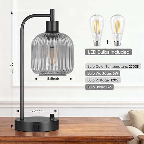 Grey Glass Table Lamps Set of 2, Dimmable Bedside Lamps for Living Room