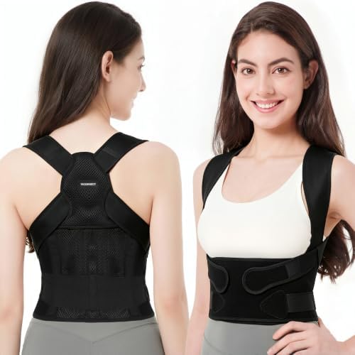 Vicorrect Posture Corrector for Women and Men: Adjustable Back Brace for Upper Back Support - Shoulder Neck Pain Relief - Lightweight Breathable Design (Black Large)