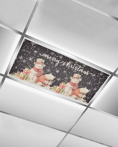 Black Christmas Magnetic Fluorescent Light Covers for Ceiling Lights 2 x 4 Feet,Vintage Snowflakes Snowman Bear Farmhouse Office Classroom Kitchen Drop Ceiling Light Covers Filters Shade Panel 1 Pack