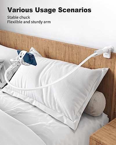 SAIJI Gooseneck Cell Phone Holder, Clamp Universal Lazy Mount Clip Hands Free Flexible Long Arm Bracket Grip for 4.0-6.3 Phones Mobile Stand Baby Monitor for Desk, Bed, Office, Kitchen (White)