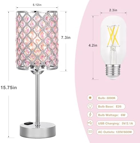 Hong-in Pink Bedside Lamps for Night Stands, Crystal Table Lamp for Bedroom