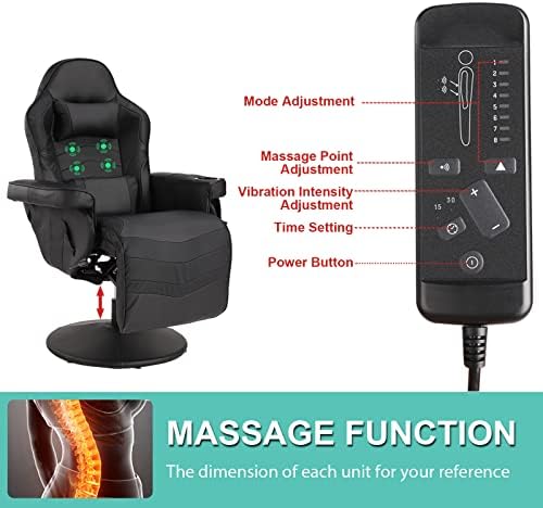 LVUYOYO Reclining Gaming Chair, Gaming Chair with Footrest and Massage, High Back PU Leather Gaming Recliner w/Adjustable Height, Swivel Game Chair with Lumbar Support, Cup Holder, Headrest