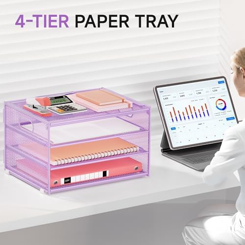 Lavatino 3-Tier Letter Tray Desk Organizer, Mesh Paper File Tray Organizer for Desk, Office Supplies & Home Organization, Fits A4 Paper, Mail, Magazines & Office Accessories (Purple with Handle)
