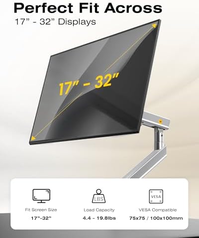 NB SmooVex™ Single Computer Monitor Mount, Monitor Stand fits up to 32 Inch, Mechanical Spring Monitor Arm, VESA 75/100 mm, Model-A5 (Silver)