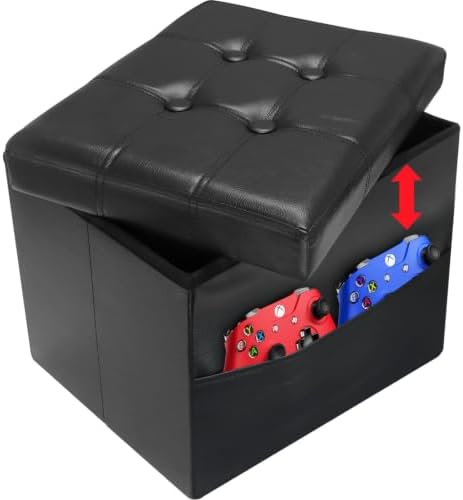 AmasSmile Ottoman with Storage,17" Folding Leather Foot Rest Chest,Black