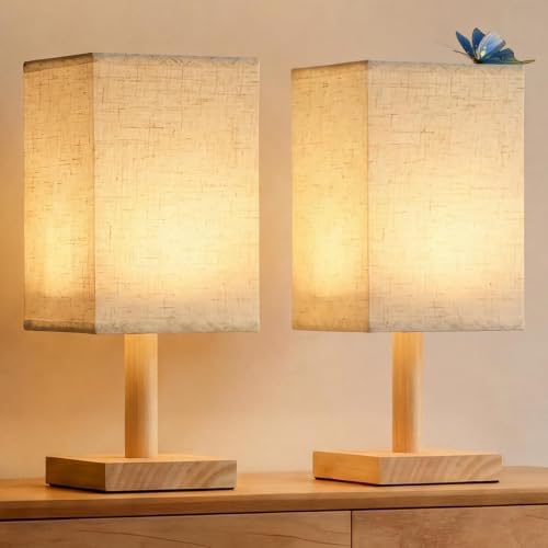 Small Table Lamp Set of 2 with Linen Shade & Wood Base