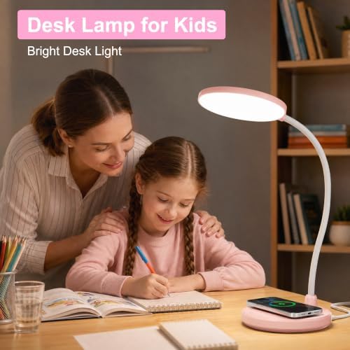 Pink Desk Lamp, Cute Desk Lamp for Girls, Wireless Charger, Dorm