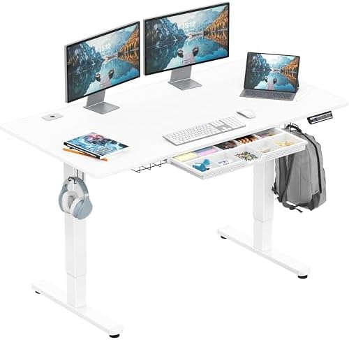 SHW 55 x 28 Electric Height Adjustable Standing Desk w/Drawer, White