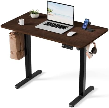 Electric Standing Desk, 40" x 24" Small Sit Stand Desk, Dark Walnut