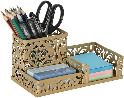 EasyPAG Desk Organizer 3 Compartment Pen Holder for Desk Office Supplies Caddy with Sticky Notes Holder for School Home, Gold