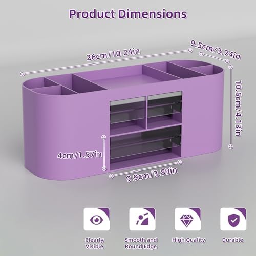 Marbrasse Pen Holder for Desk with 3 Drawers, Multi-Functional Pencil Holder, Desk Organizers and Accessories with 7 Compartments for Home, School, Classroom (Purple)