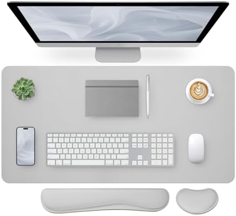 Bloss Leather Desk Pad and Keyboard Wrist Rest, Large Mouse Pad + Keyboard Pad+Mouse Wrist Support, Non-Slip Desk Mat Protector for Office, Home(31.5×15.7 Inches, Light Grey)