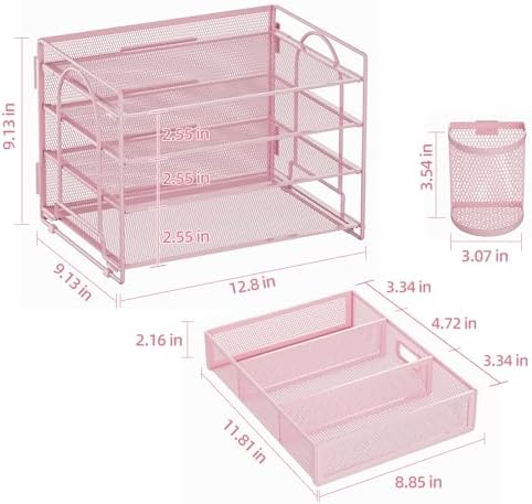 Marbrasse Desk Organizer, 4-Tier Paper File Letter Tray, Pink