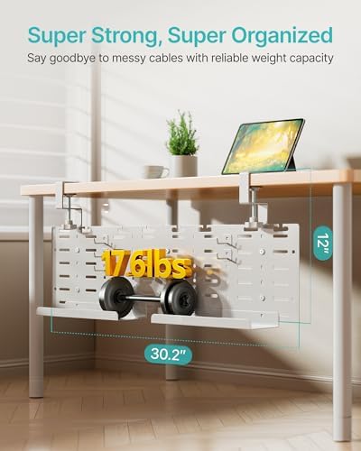 PEGZONE Under Desk Cable Management Tray, 30.2" No-Drill C-Clamp Pegboard