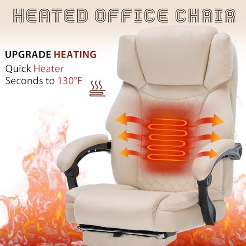 Massage Office Chair with Foot Rest 6 Points Vibration and Heat Home Office Desk Chairs for Heavy People 400lbs Reclining Managerial Chairs Ergonomic Executive Chair (Beige)