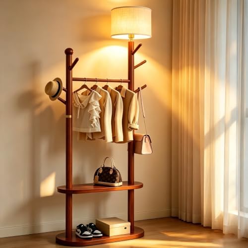 Wood Coat Rack Floor Lamp, Standing Lamp with Double Storage Shelves