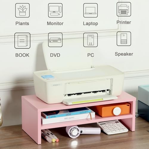 DS502P TEAMIX 20 inch Pink Monitor Riser Stand - 2 Tiers, Wood Desktop Bookshelf