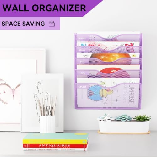 5 Pockets Hanging Wall File Organizer Mail Holder, Wall Mounted Paper Document Folder Holder, Clipboard Storage Organization Magazine Rack, Light Purple