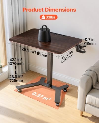 VEVOR Standing Desk, Adjustable Height Mobile Stand Up Desk w/Casters, 28.2 x 20.5 in Small Computer Sit Stand Rolling Workstation w/Hook, 33 lbs Capacity, Foot Pedal Pneumatic Lift for Home Office