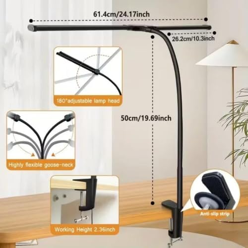 LED Desk Lamp for Home Office Eye-Caring Monitor Tablelamp with Clamp Color Changing Dimmable with Flexible Gooseneck Doublehead,Black