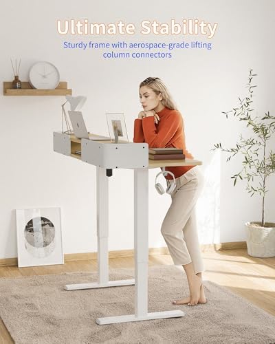 YIHAYO Electric Standing Desk with Drawers, 60 x 24 Inches Adjustable Desk with Storage Shelf, Computer Table with Splice Board for Home Office, White Frame/Natural Top