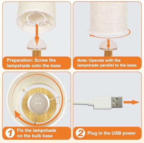 Small Touch Table Lamps Set of 2 with Stepless Dimming&USB Plug, Natural Round Wood Base & Linen Fabric Shade |Soft Ambient Night Light |Minimalist Boho Bedside Lamp for Bedroom,Nursery,Kitchen,Dorm
