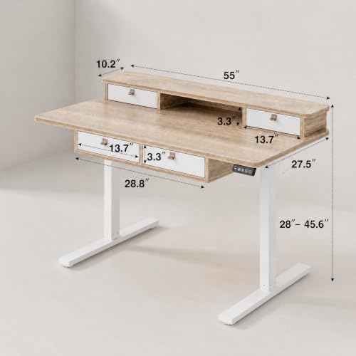 Grandder Electric Standing Desk with Four Drawers, Sit to Stand Up Height Adjustable Desk with Storage Shelf for Home Office, 55 * 28 Inch, Study, Ergonomic Adjustable Computer Desk, Maple