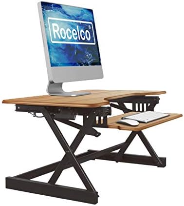 Rocelco 32" Height Adjustable Standing Desk Converter - Sit Stand Computer Workstation Riser - Dual Monitor Retractable Keyboard Tray Gas Spring Assist - Teak Wood Grain (R EADRT)
