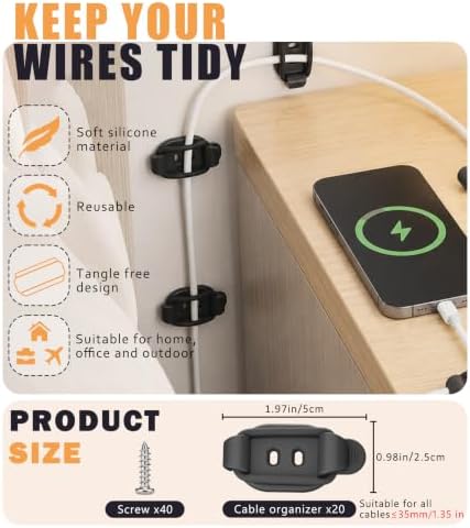 20 Pack Cable Management Clips, Adhesive Cord Organizer-Black