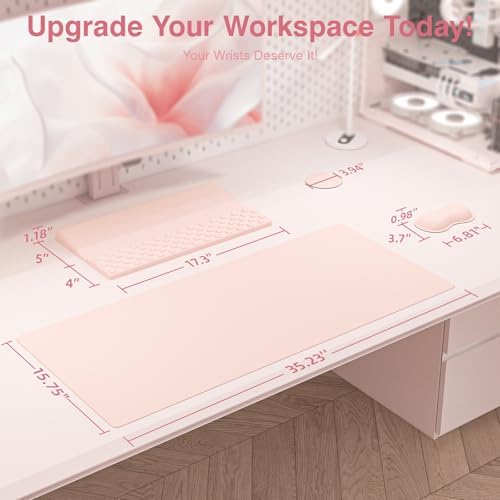 Ospelelf Keyboard Stand Wrist Rest Pad and Ergonomic Mouse Pad Set with Large Mousepad Desk Mat, Memory Foam Comfort, Premium Office Desk Accessories for Pain Relief and Efficiency, Pink