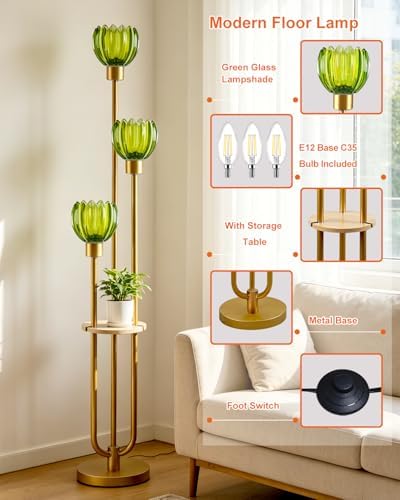 Lightdot Lotus Glass Floor Lamp with Shelf Green Flower Gold Floor Lamps
