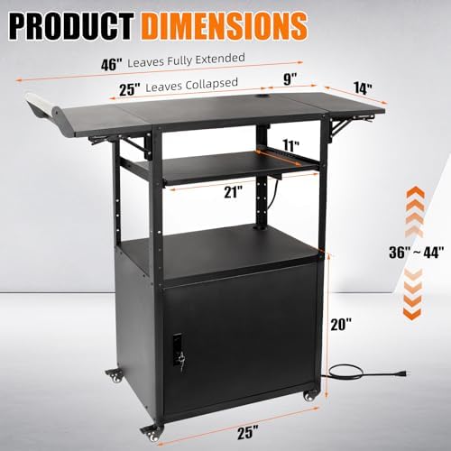 Large Mobile AV Cart with Locking Cabinet and Drop Leaves, Height Adjustable Steel AV Cart with Wheels and Power, Rolling Computer Cart with Pullout Keyboard Tray for Office, Warehouse &Classroom