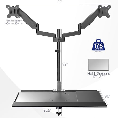 VIVO Black Dual Monitor Sit-Stand Height Adjustable Workstation, Standing Desk Mount with Pneumatic Spring, Holds 2 Screens up to 32 inches STAND-SIT2B