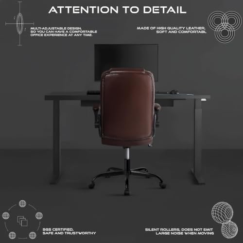 Ergonomic Office Chair with Flip-up Armrests, Big and Tall Leather Executive Office Chair, High Back Lumbar Support Home Computer Desk Chair, Heavy and Duty Computer Chair (Brown)