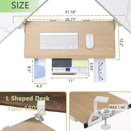 ETHU Corner Keyboard Tray Under Desk with Metal Rail, 26.8x11.8", Oak