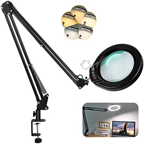 VEEMAGNI 5 Inch Large Magnifying Glass with Light and Stand, 5 Color Modes Stepless Dimmable, 2*16 Inch Swivel Arm LED Clamp Desk Lamp, Hands Free 15X Lighted Magnifier for Close Work Crafts Soldering